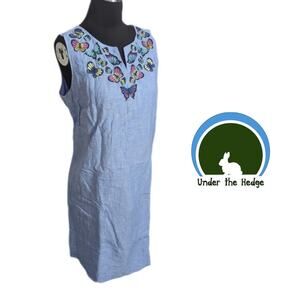 Talbots Blue Butterfly Embroidered Linen Blend Dress Size 12 Cottage K2